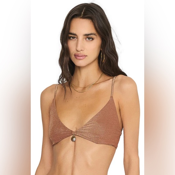 BEACH BUNNY RIVER TRI-RIVER Shimmering Brown Gold Bikini Top With Gold Charm - Picture 1 of 11